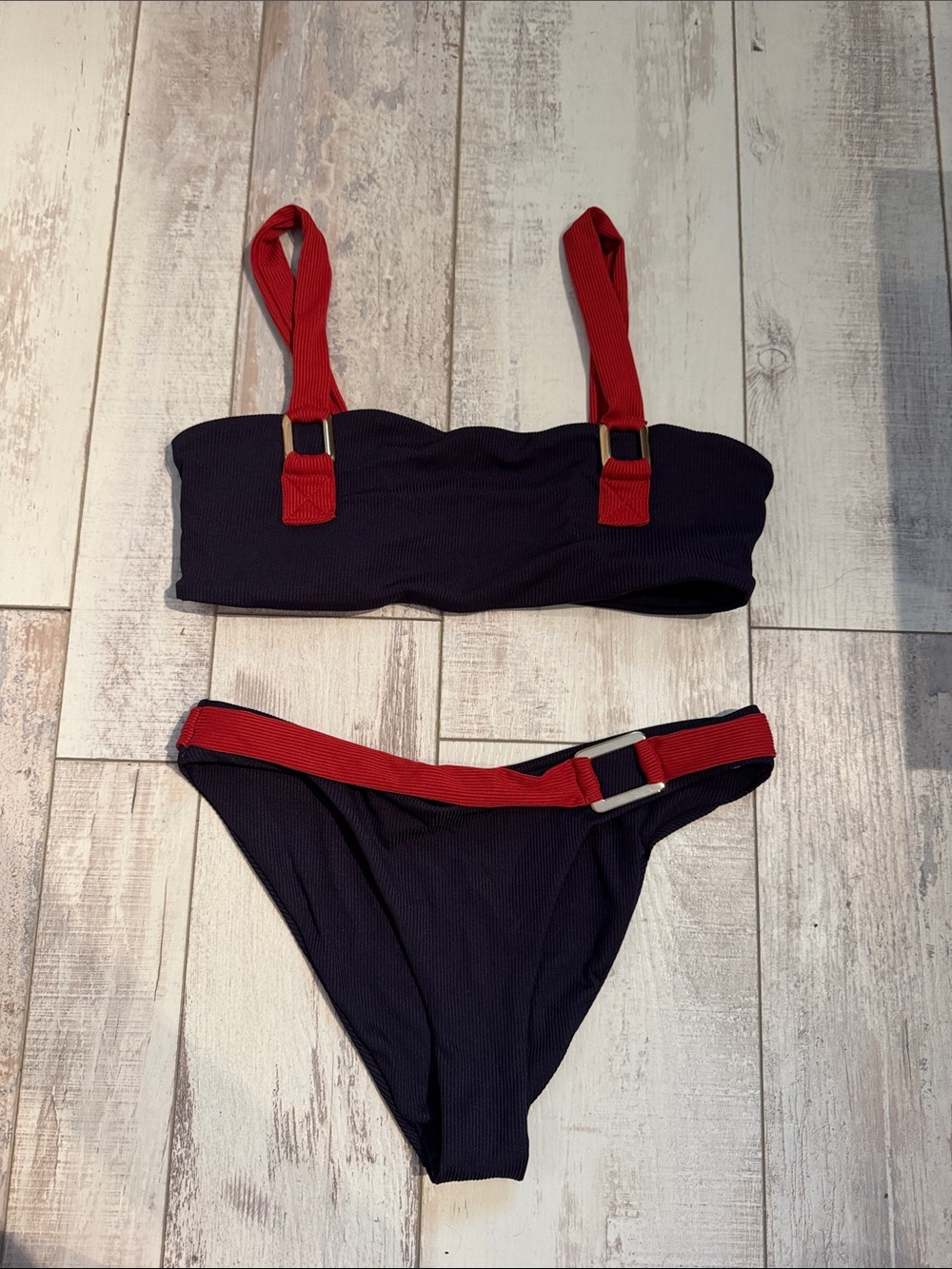 Classic Navy Bikini with Red Accent Straps - Women's Swim